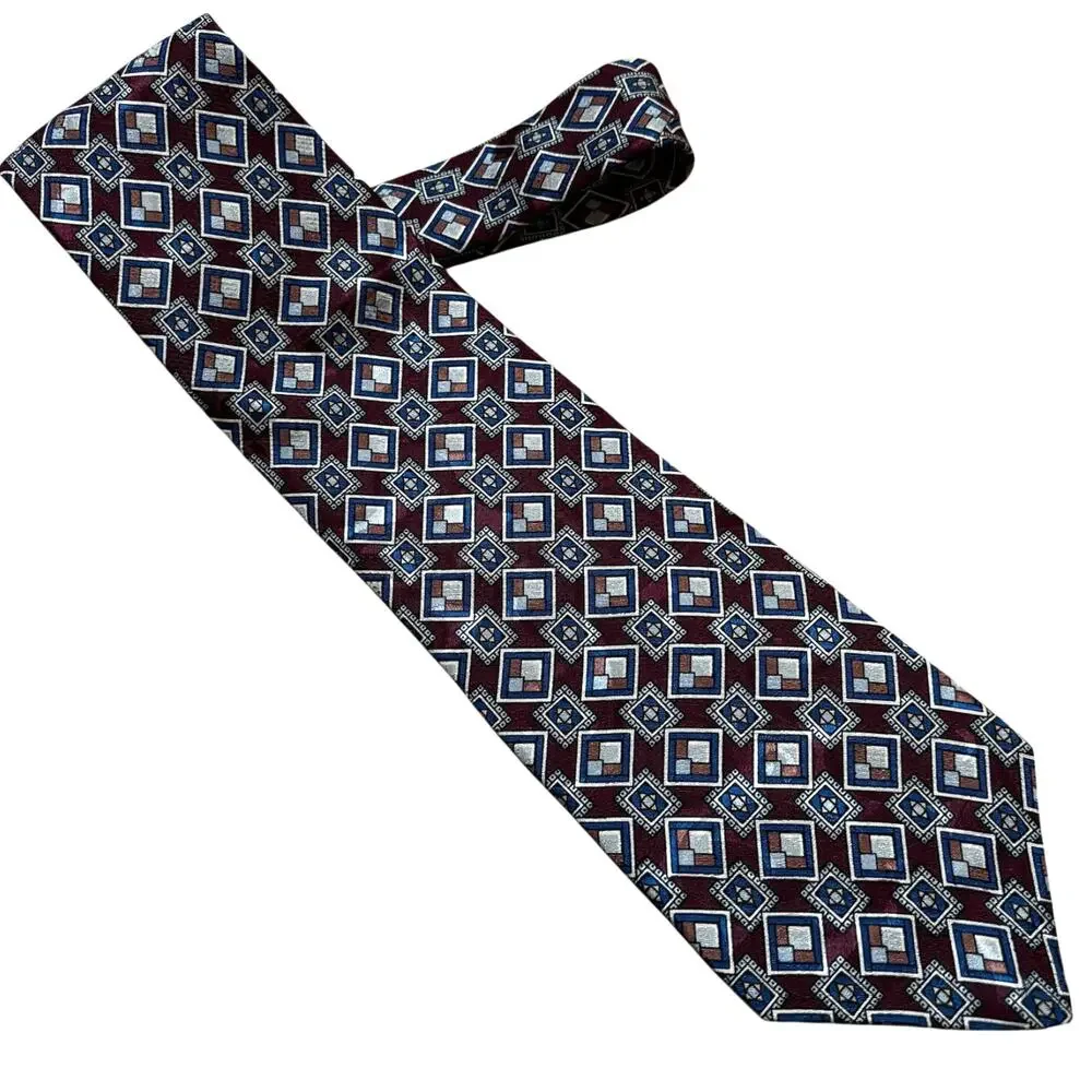 Liberty of London Italian silk neck tie dark red blue & gray geometric pattern